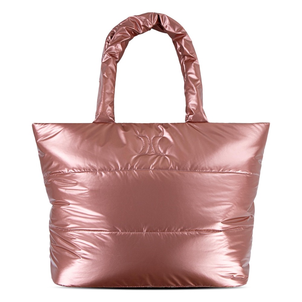 NWT Hurley Puffer Tote Bag Metallic Rose Gold Quilted Zippered Large Gym Beach